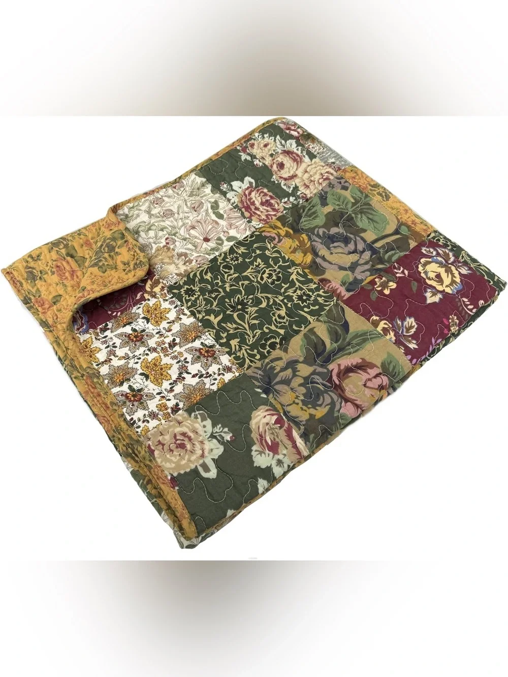 Patchwork Floral Quilt Throw in Green and Burgundy - Unbranded